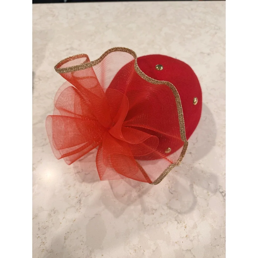 Vintage Red Wool Pillbox Hat Gold‎ Studs Oversized Mesh Bow Holiday Fascinator